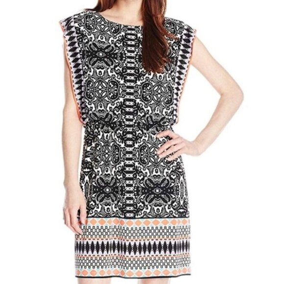 London Style Collection Women's Dress Size 4 Black White Pattern Coral Trim NEW - Picture 2 of 15